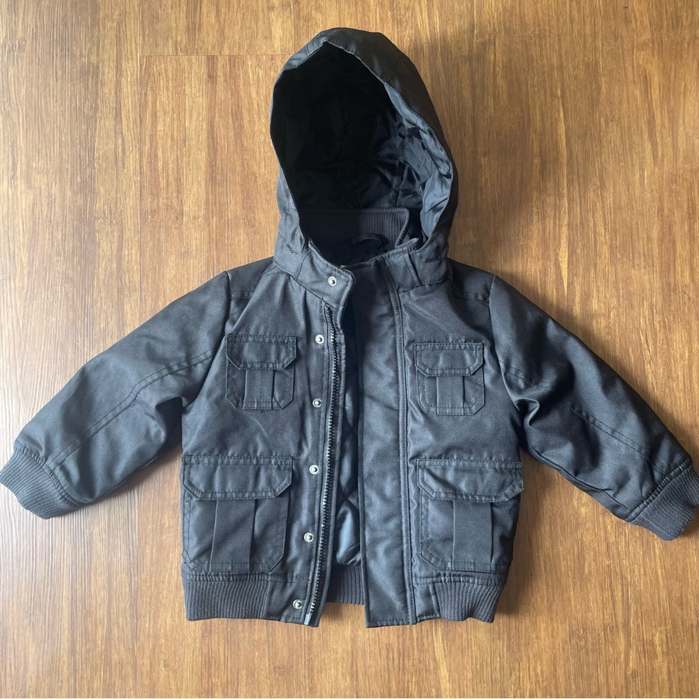 H&M Jacket Boys 2-3 Yrs Black Removable Hooded Puff Bomber Coat Pockets Youth